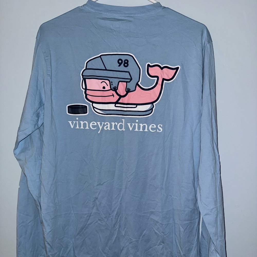 Vineyard Vines Light Blue Shirt with Pink Whale and Hockey Graphic